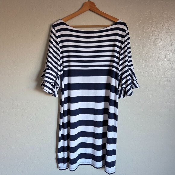 Lilly Pulitzer Lula Dress Striped Ruffle Bell Sleeve Navy XL Stretch Jersey Knit - Picture 6 of 9